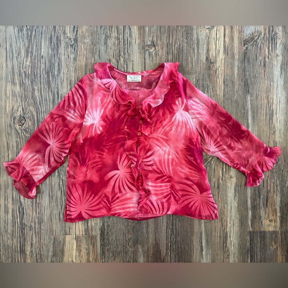 New York City Design Tropical Blouse Ruffles Pink Red White Built-in Tank No Sz